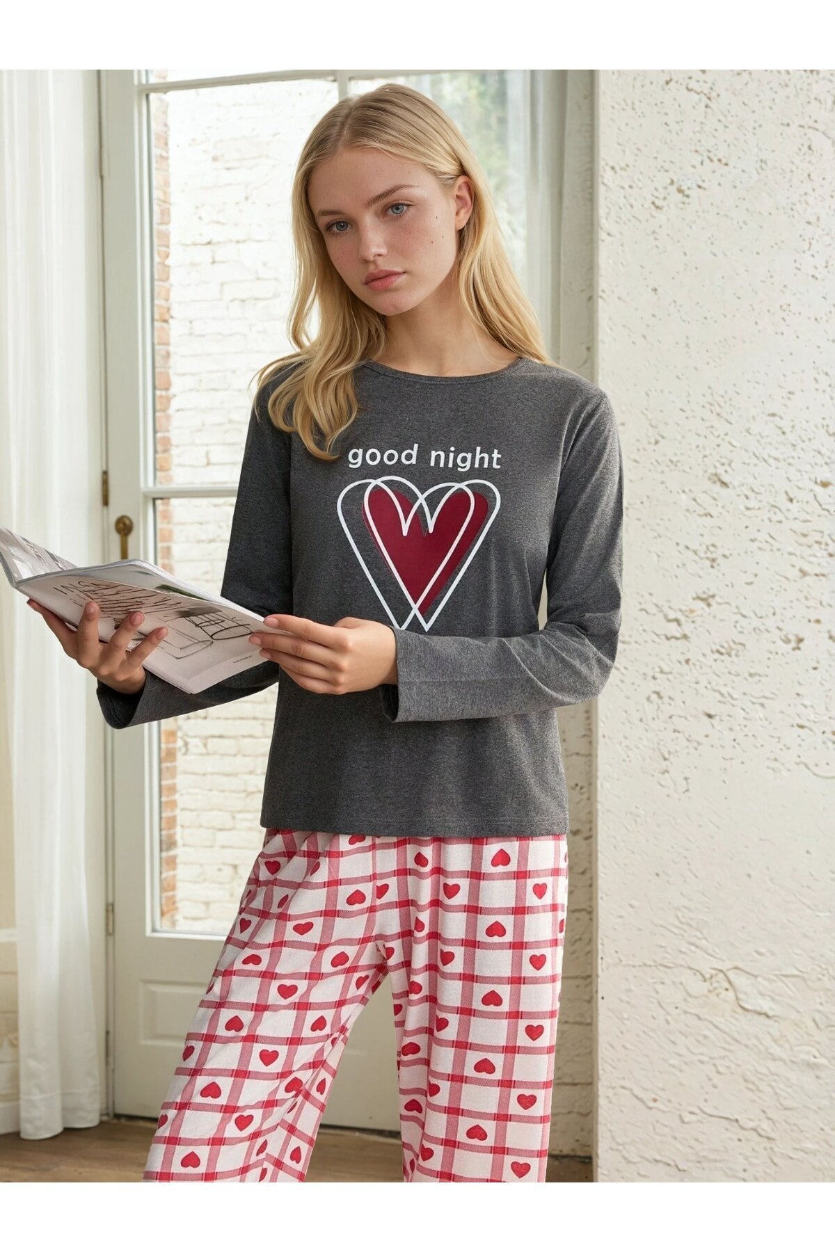 Kalp Baskılı Uzun Kollu Pijama Takım