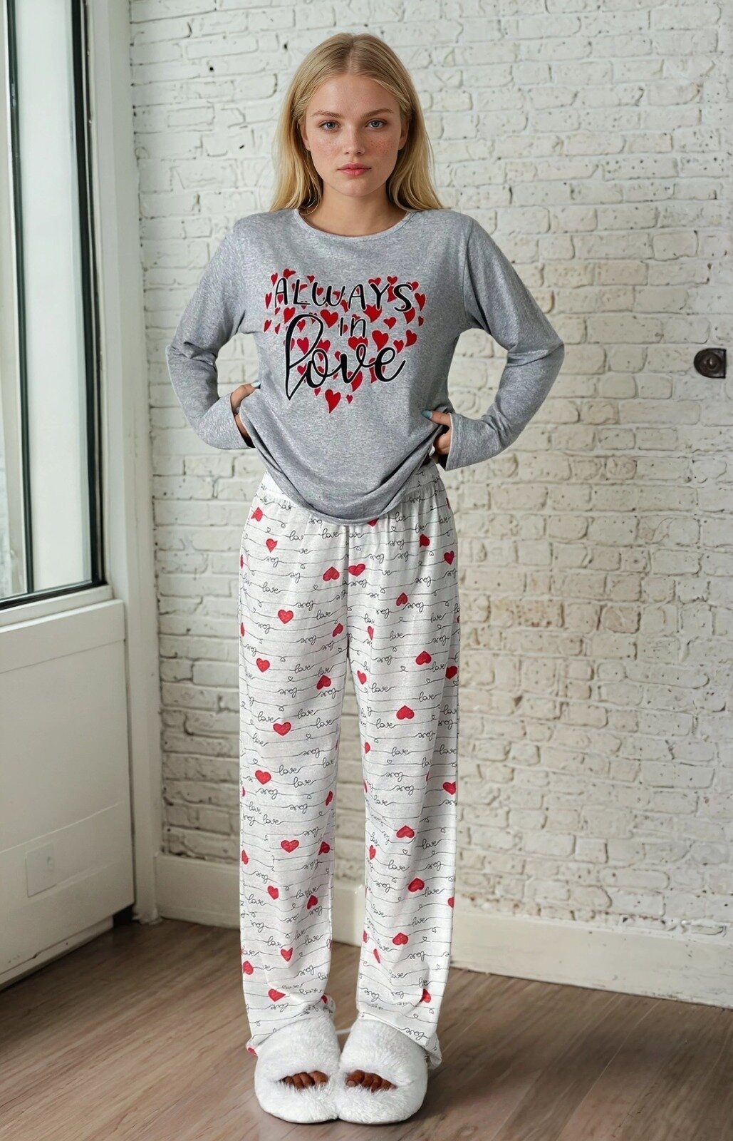 Kalp Desen Baskılı Uzun Kollu Pijama Takımı