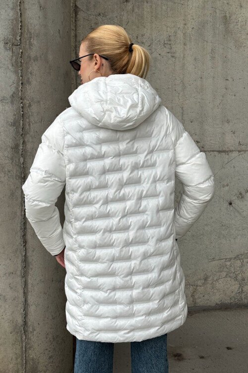 Kapitoneli Fermuarlı Kapüşonlu Uzun Şişme Mont