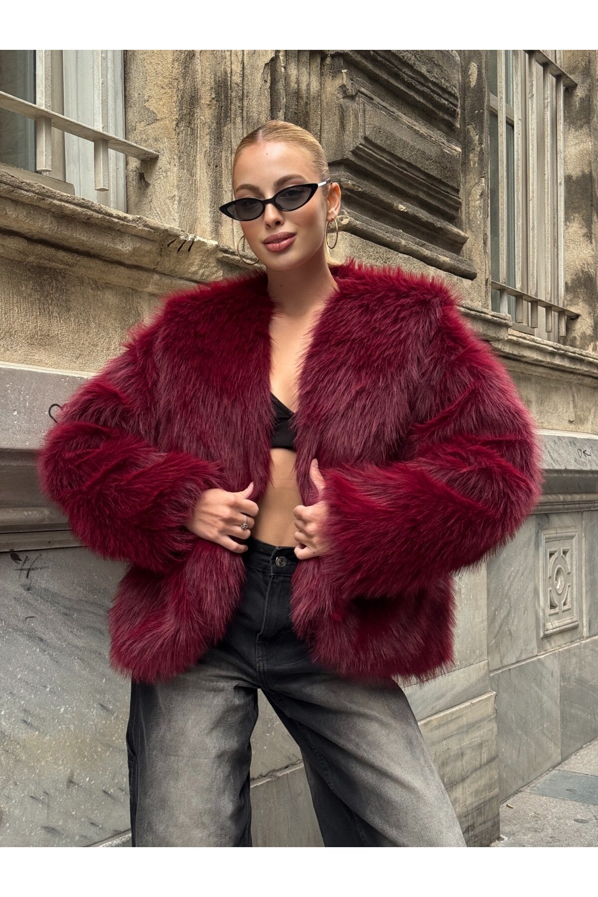 Kapşonlu Kürk Ceket Bordo