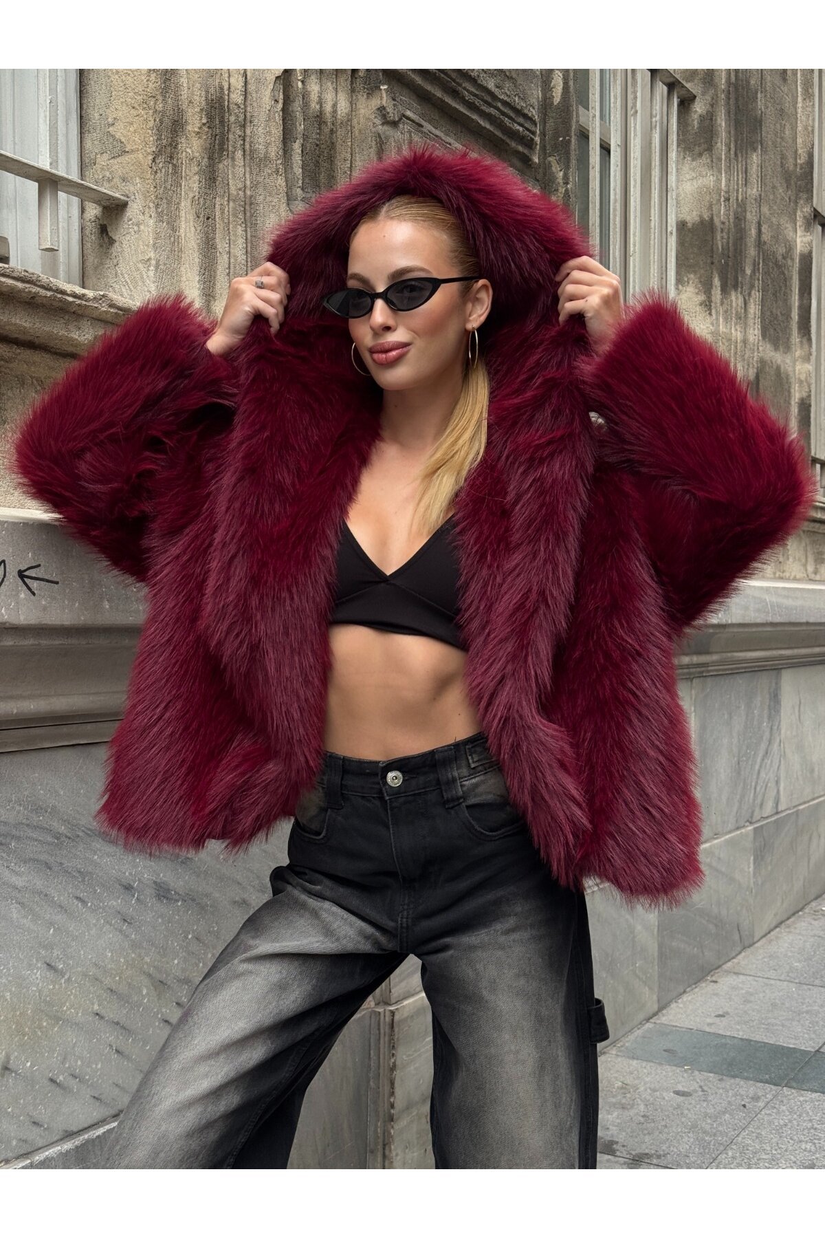 Kapşonlu Kürk Ceket Bordo