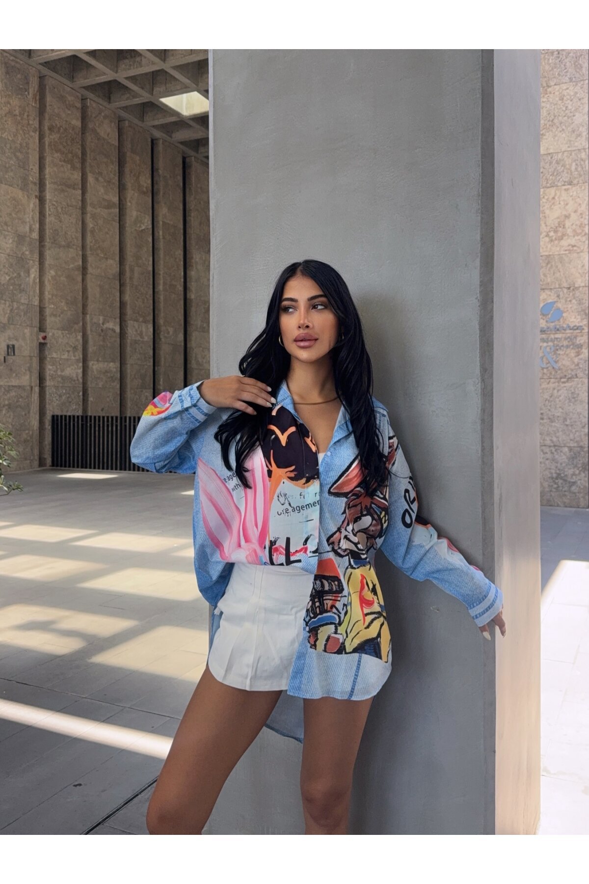 Karakter Baskılı Jeans Efektli Tunik