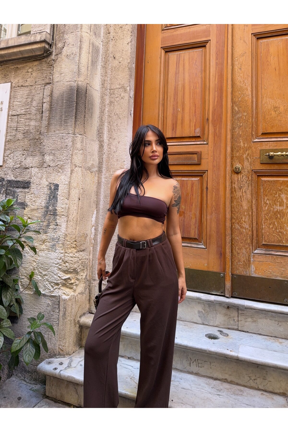 Kemerli Çift Pile Detay Palazzo Pantolon