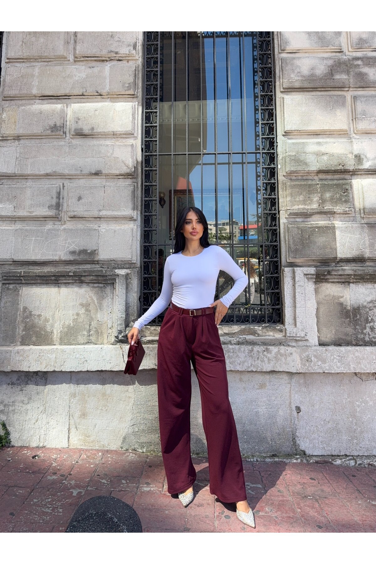 Kemerli Çift Pile Detay Palazzo Pantolon