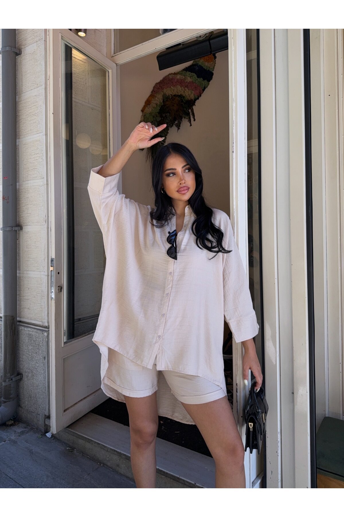 Keten Arkası Uzun Salaş Gömlek Şort Takım Bej