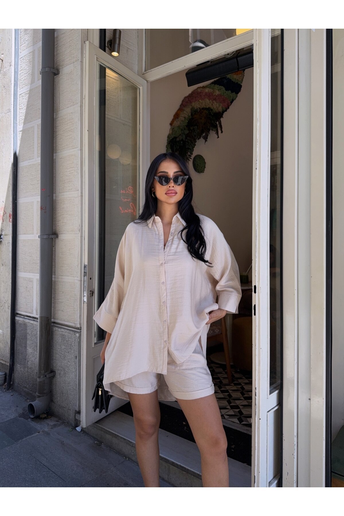 Keten Arkası Uzun Salaş Gömlek Şort Takım Bej