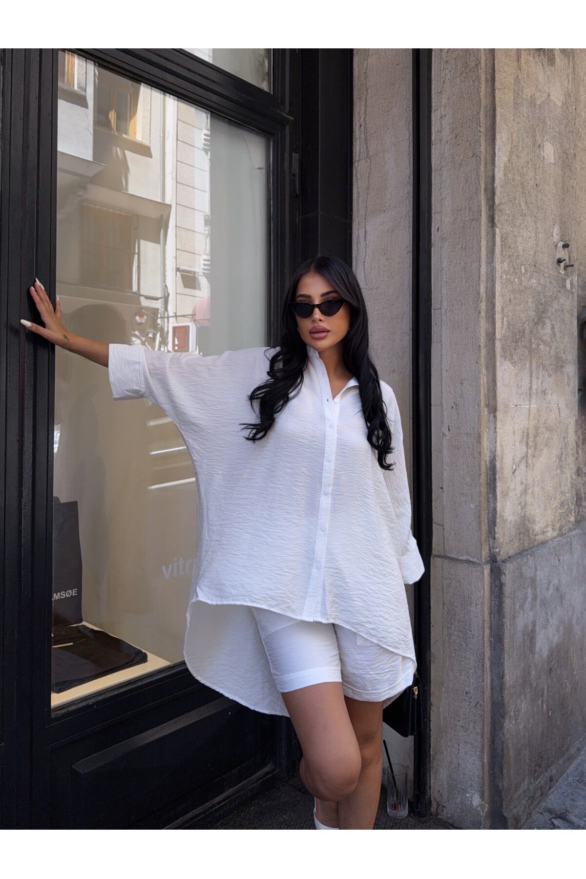Keten Arkası Uzun Salaş Gömlek Şort Takım Beyaz