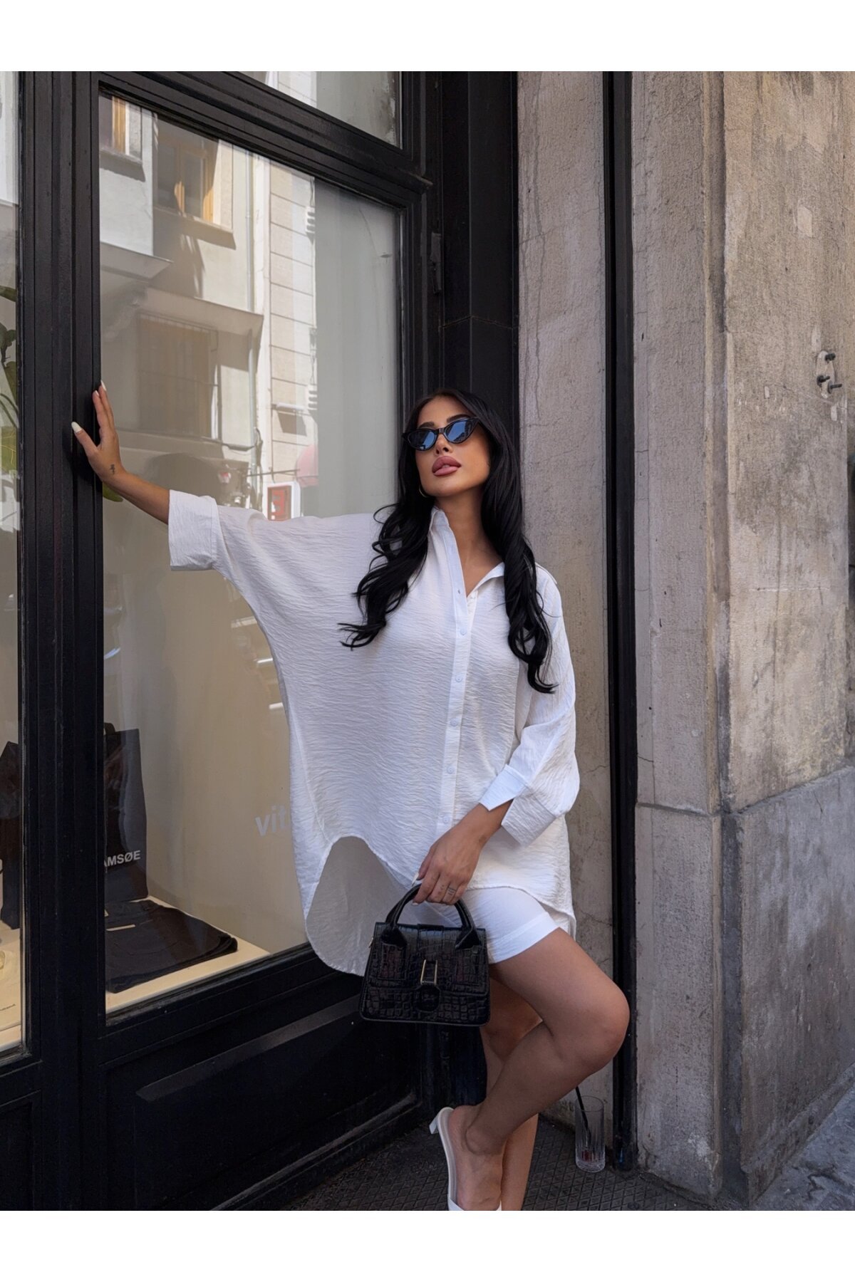 Keten Arkası Uzun Salaş Gömlek Şort Takım Beyaz