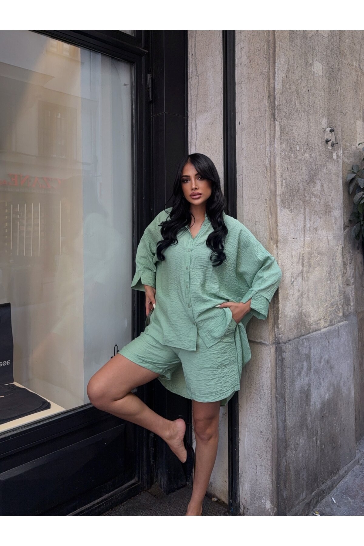 Keten Arkası Uzun Salaş Gömlek Şort Takım Yeşil