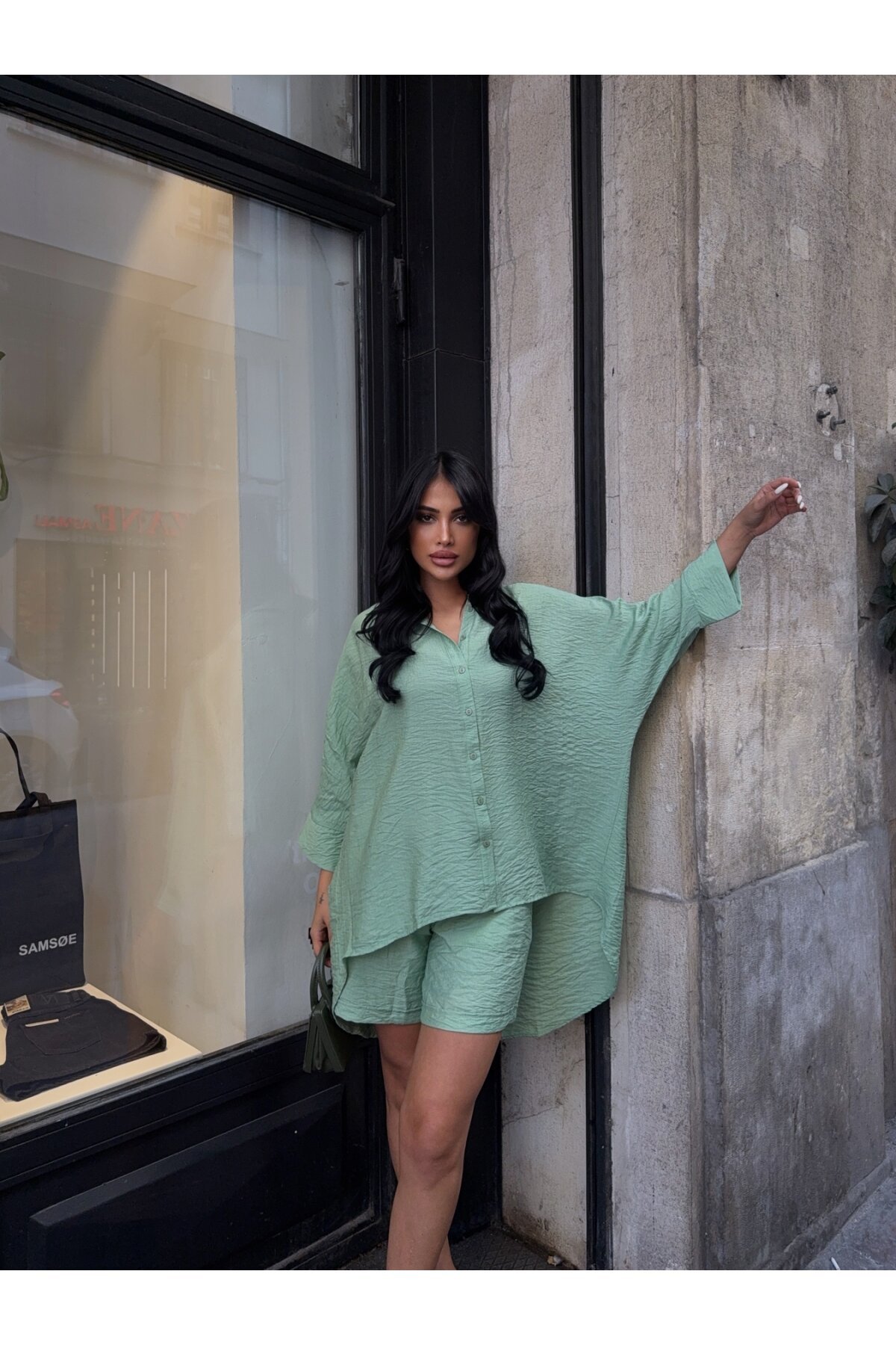 Keten Arkası Uzun Salaş Gömlek Şort Takım Yeşil