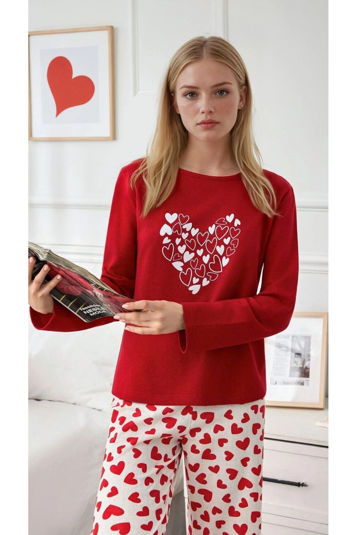 Kırmızı Kalp Desenli Uzun Kol Pijama Takımı