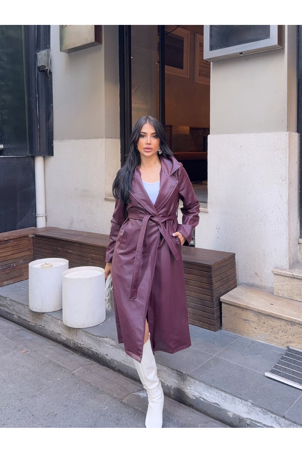 Kuşaklı Uzun Bordo Deri Pardösü