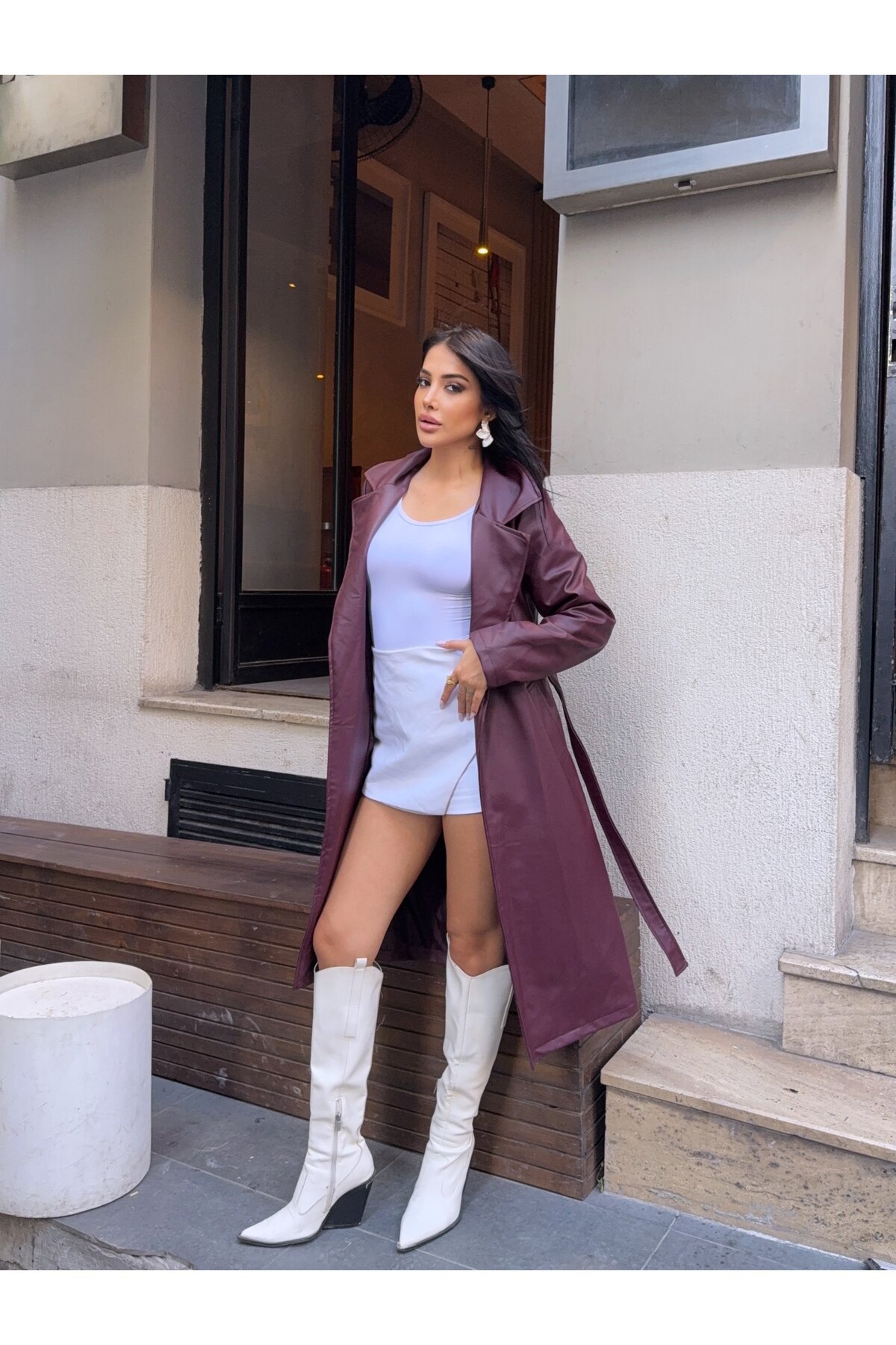 Kuşaklı Uzun Bordo Deri Pardösü