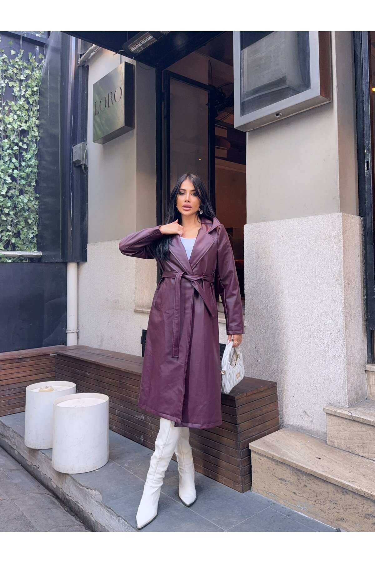 Kuşaklı Uzun Bordo Deri Pardösü