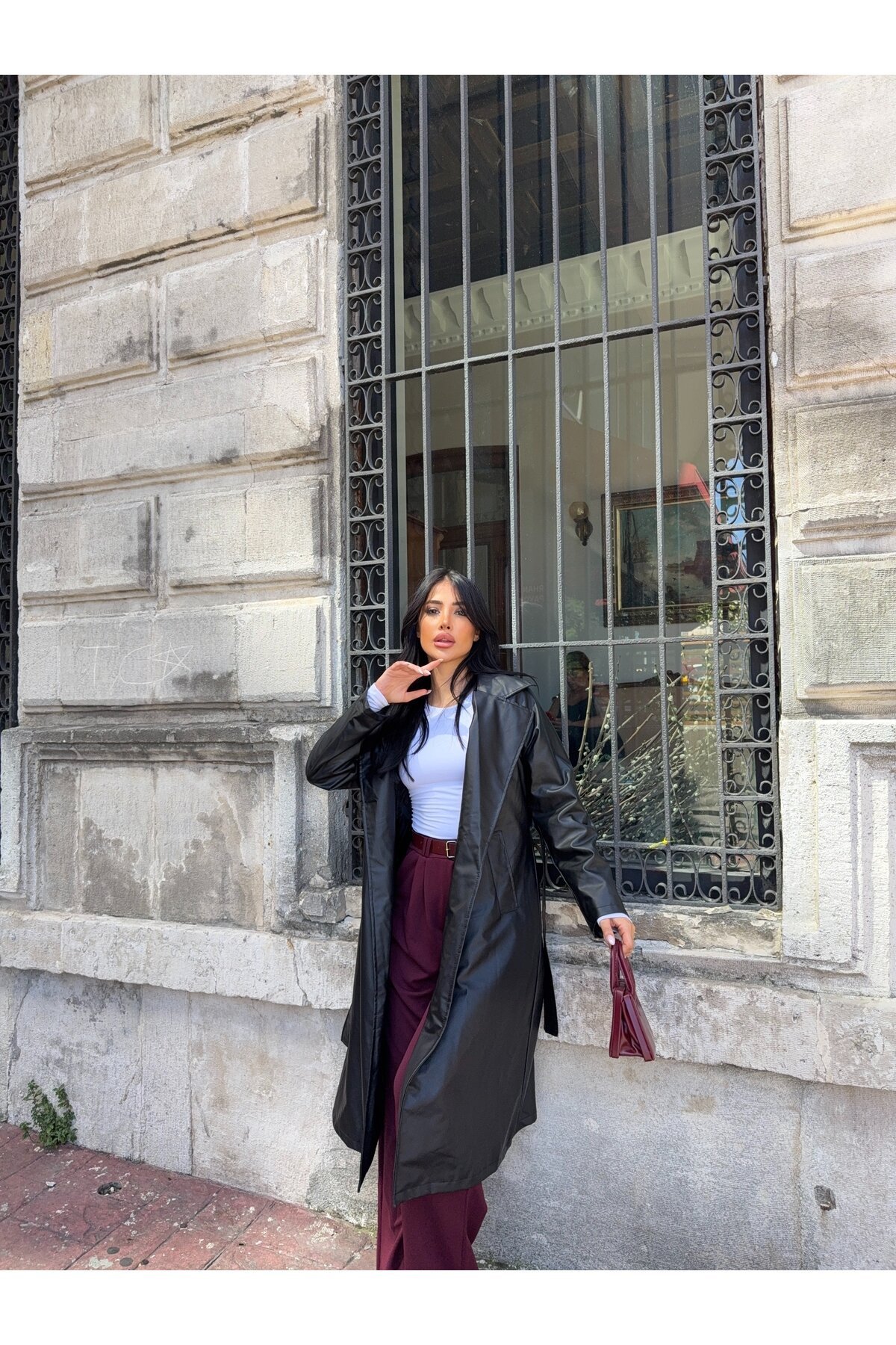 Kuşaklı Uzun Deri Pardösü