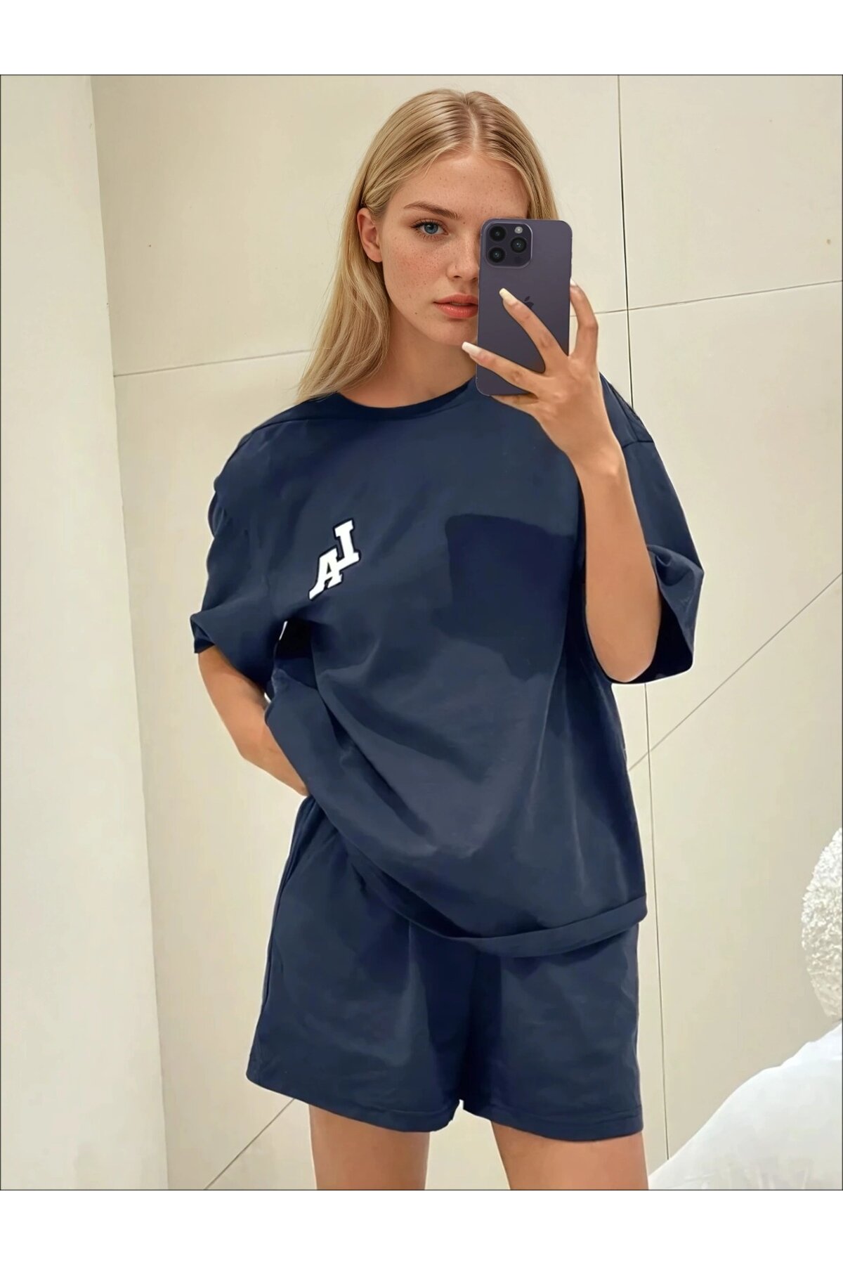 LA Baskılı Oversize Süprem Şortlu Pijama Takım