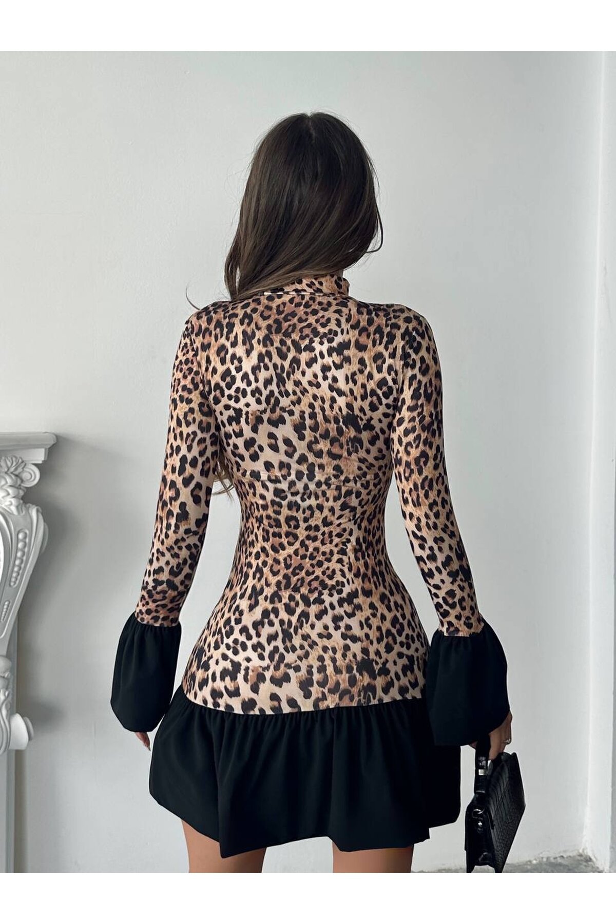 Leopar Etekleri Fırfır Detay Elbise