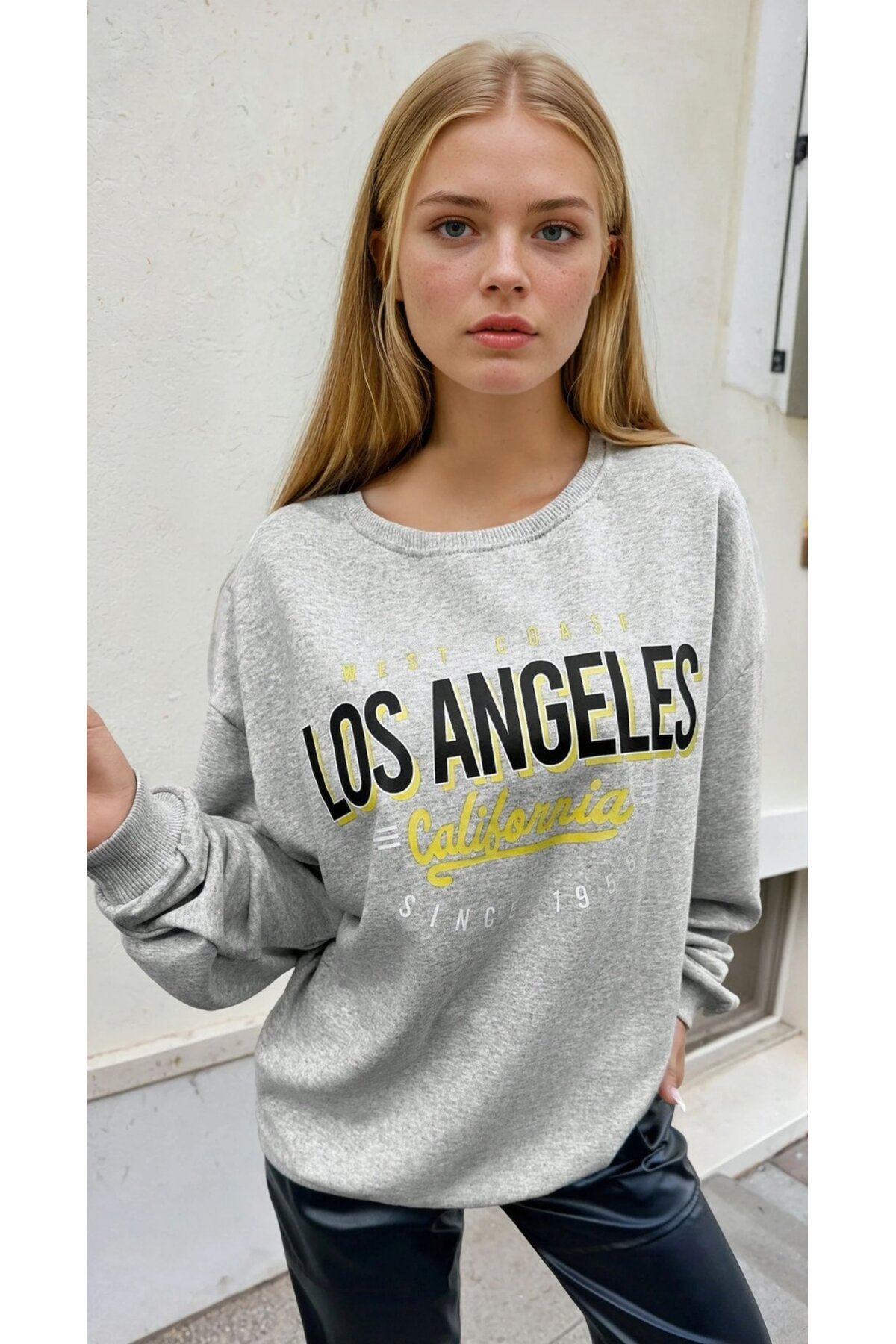 Los Angeles California Baskılı Gri Oversize Üç İplik Kadın Sweatshirt