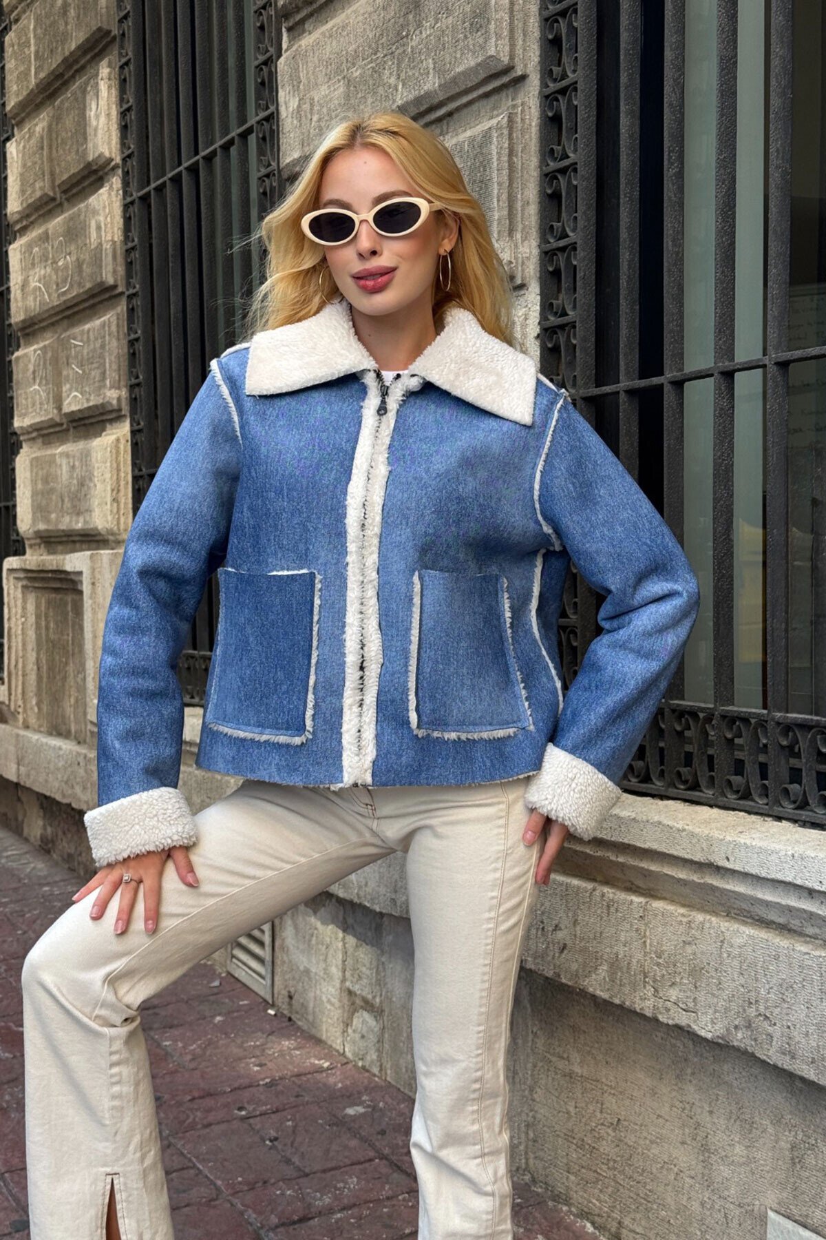 Mavi Çift Cepli İçi Suni Kürklü Biker Mont