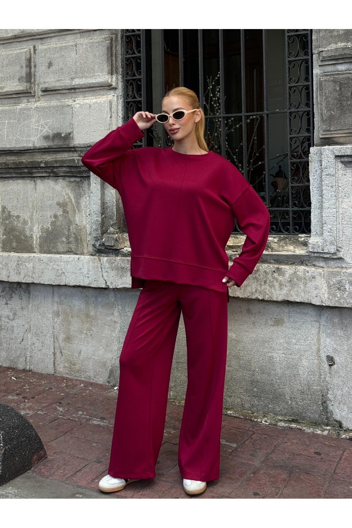 Modal Kumaş Bordo Oversize Sweat İkili Takım