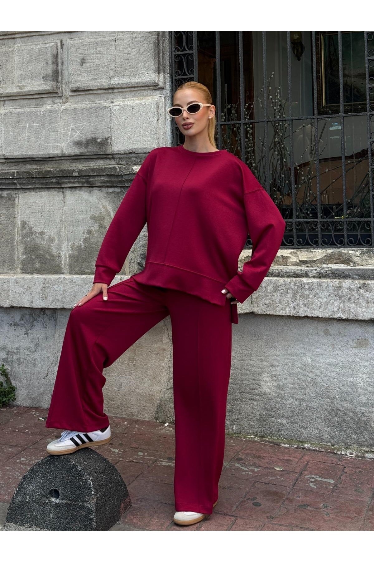 Modal Kumaş Bordo Oversize Sweat İkili Takım