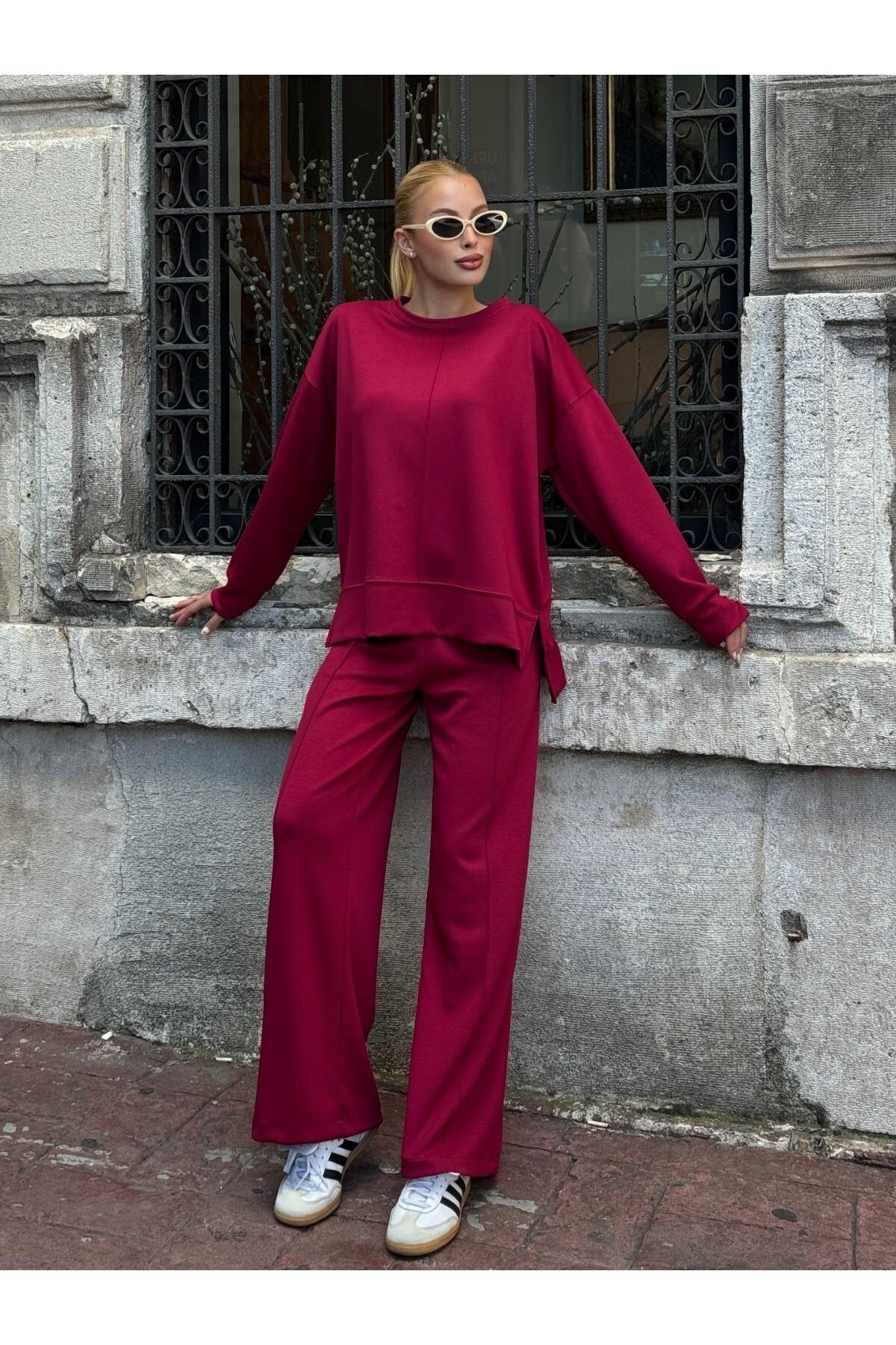 Modal Kumaş Bordo Oversize Sweat İkili Takım