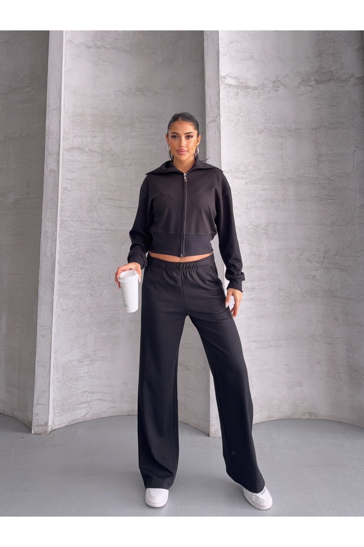 Modal Kumaş Crop Üst Eşofman Takım Siyah