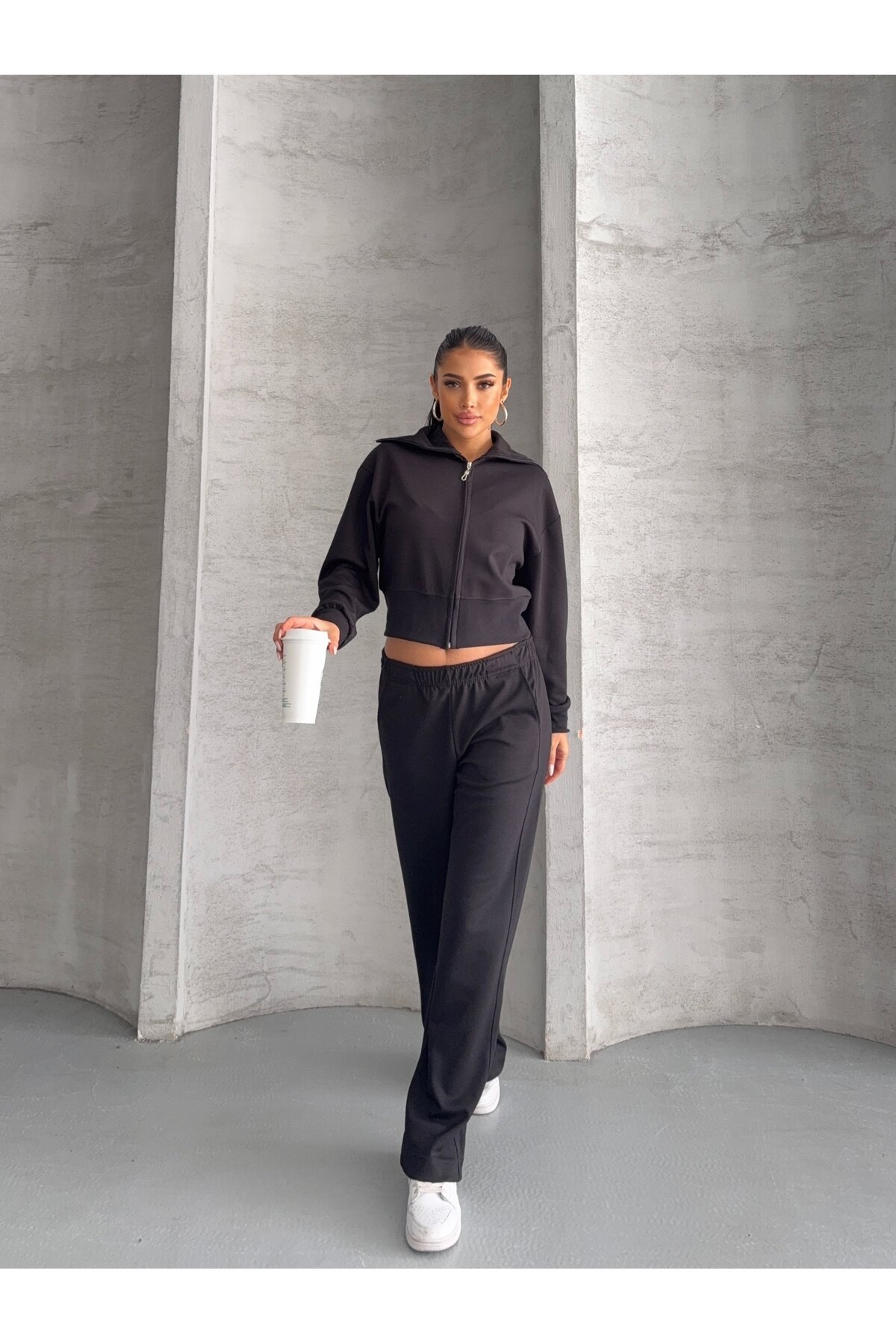 Modal Kumaş Crop Üst Eşofman Takım Siyah