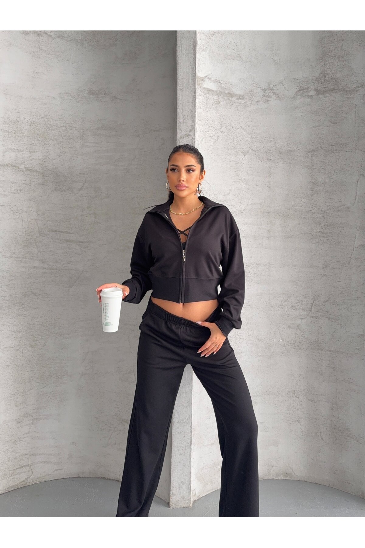 Modal Kumaş Crop Üst Eşofman Takım Siyah