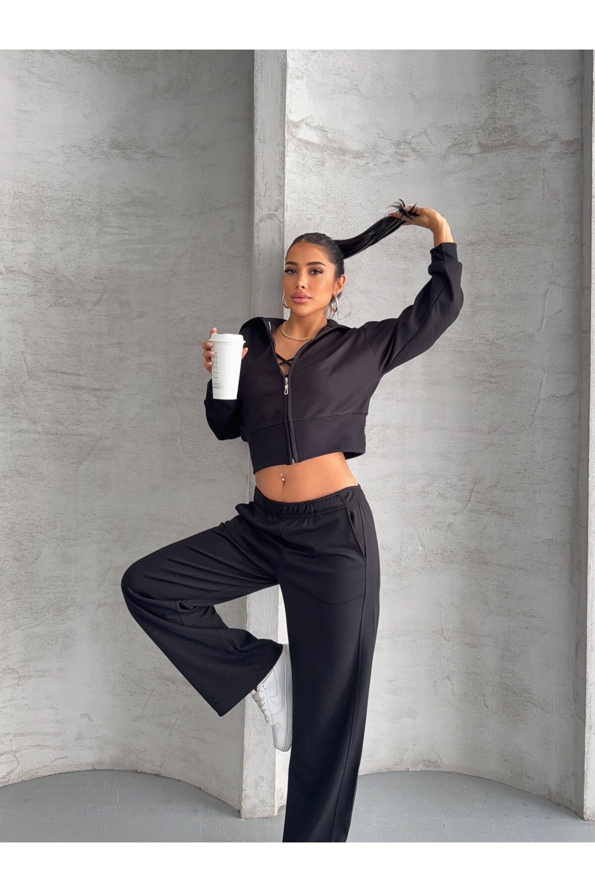 Modal Kumaş Crop Üst Eşofman Takım Siyah
