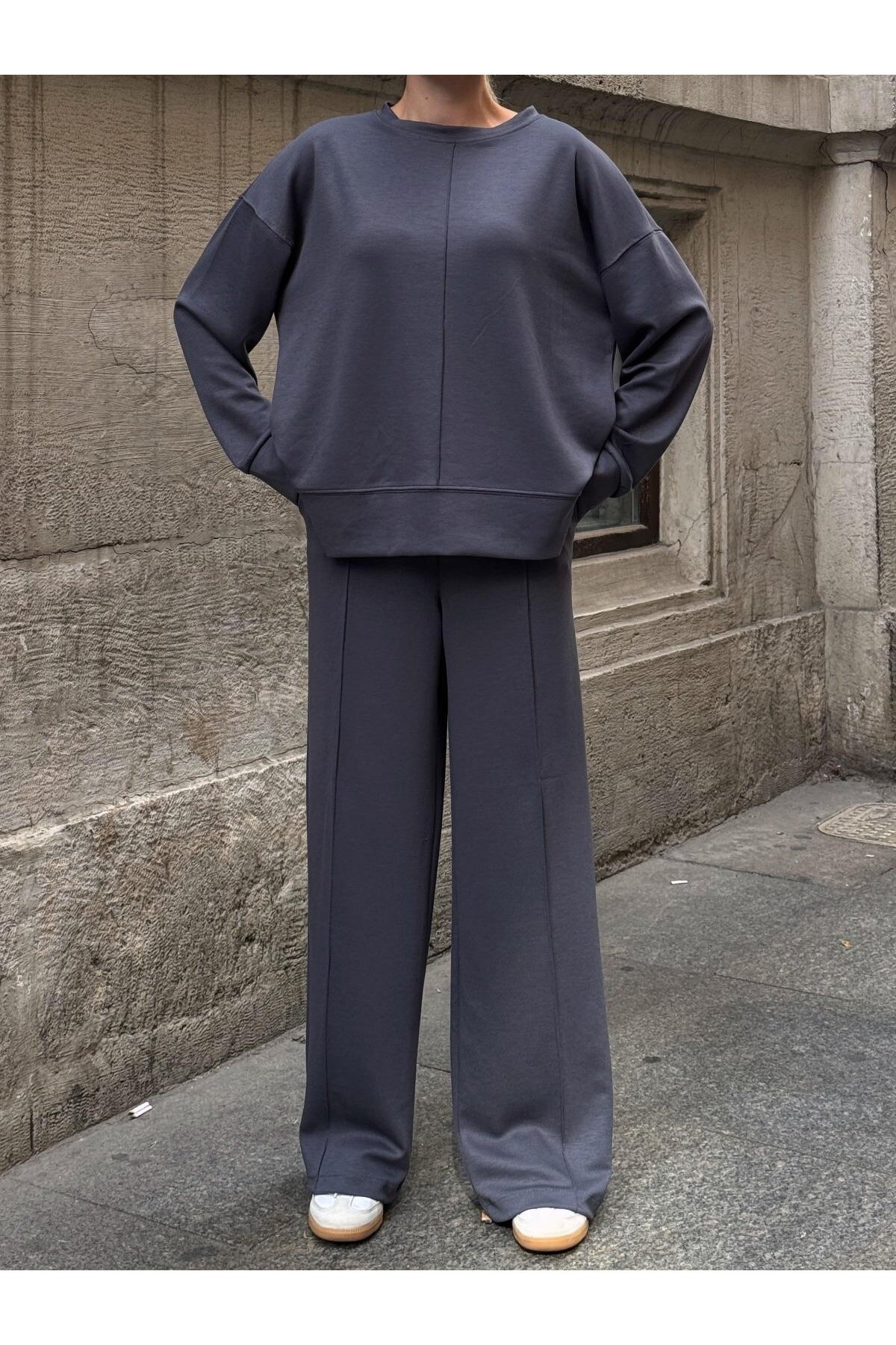 Modal Kumaş Gri Oversize Sweat İkili Takım