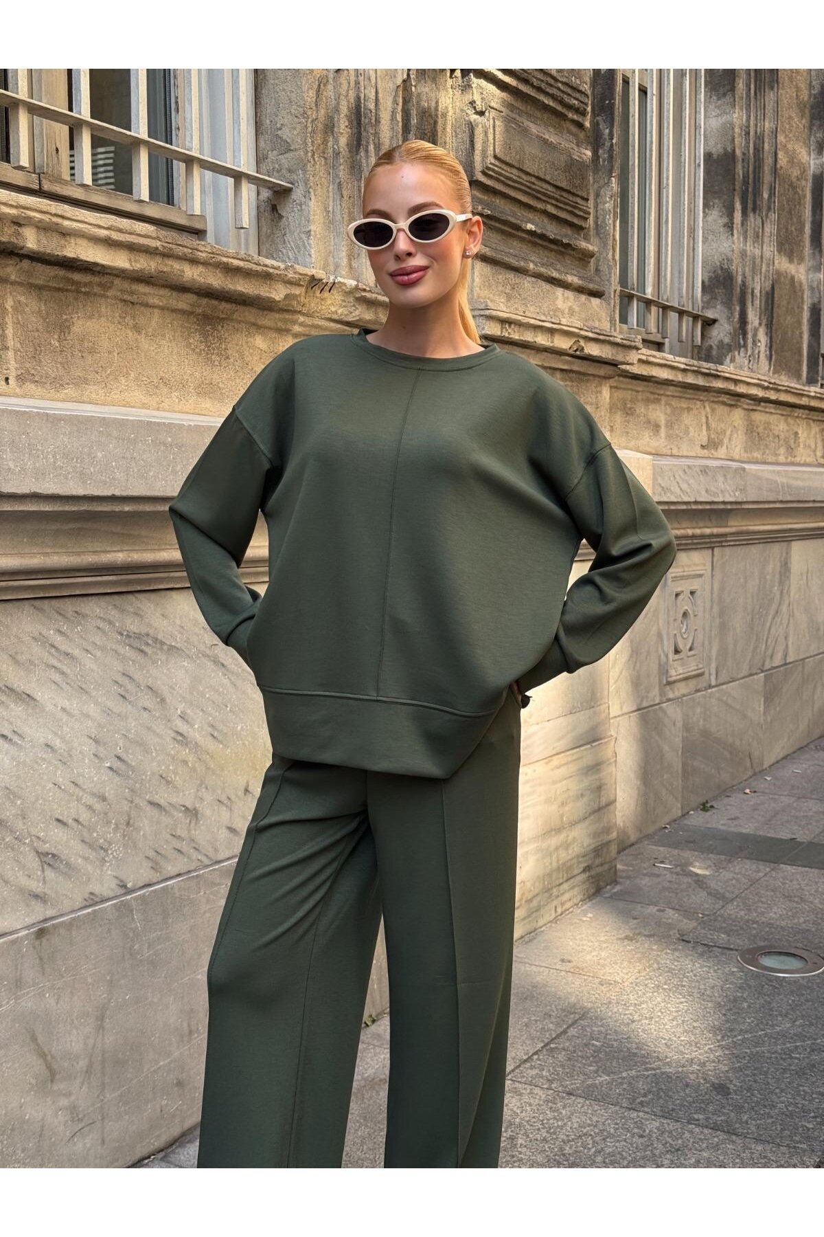 Modal Kumaş Haki Oversize Sweat İkili Takım