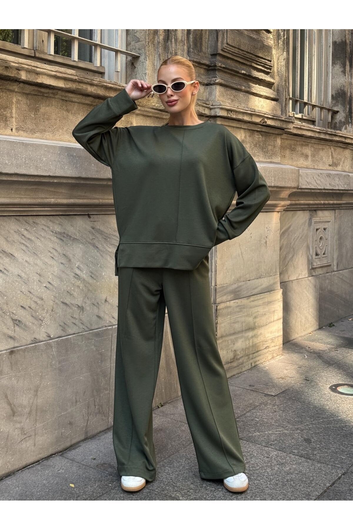 Modal Kumaş Haki Oversize Sweat İkili Takım