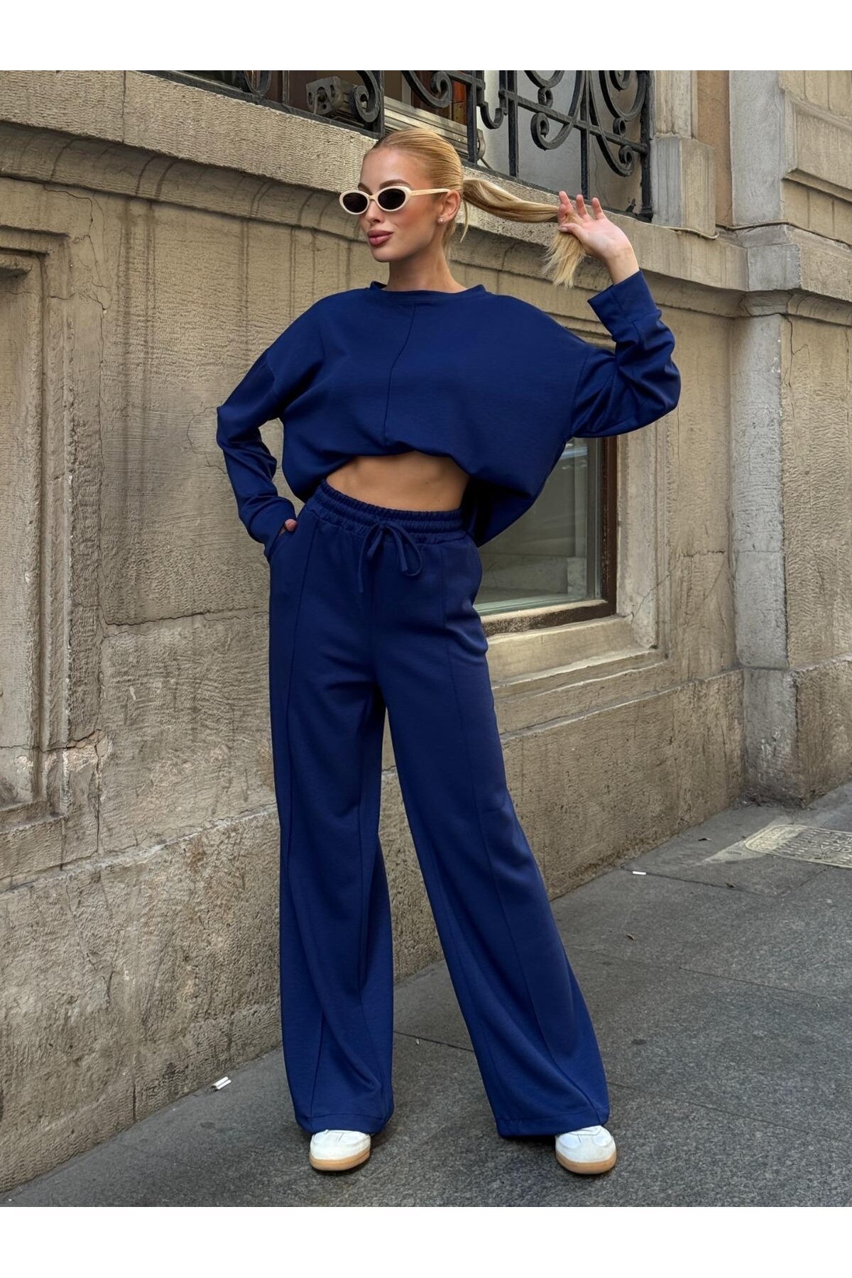 Modal Kumaş Lacivert Oversize Sweat İkili Takım