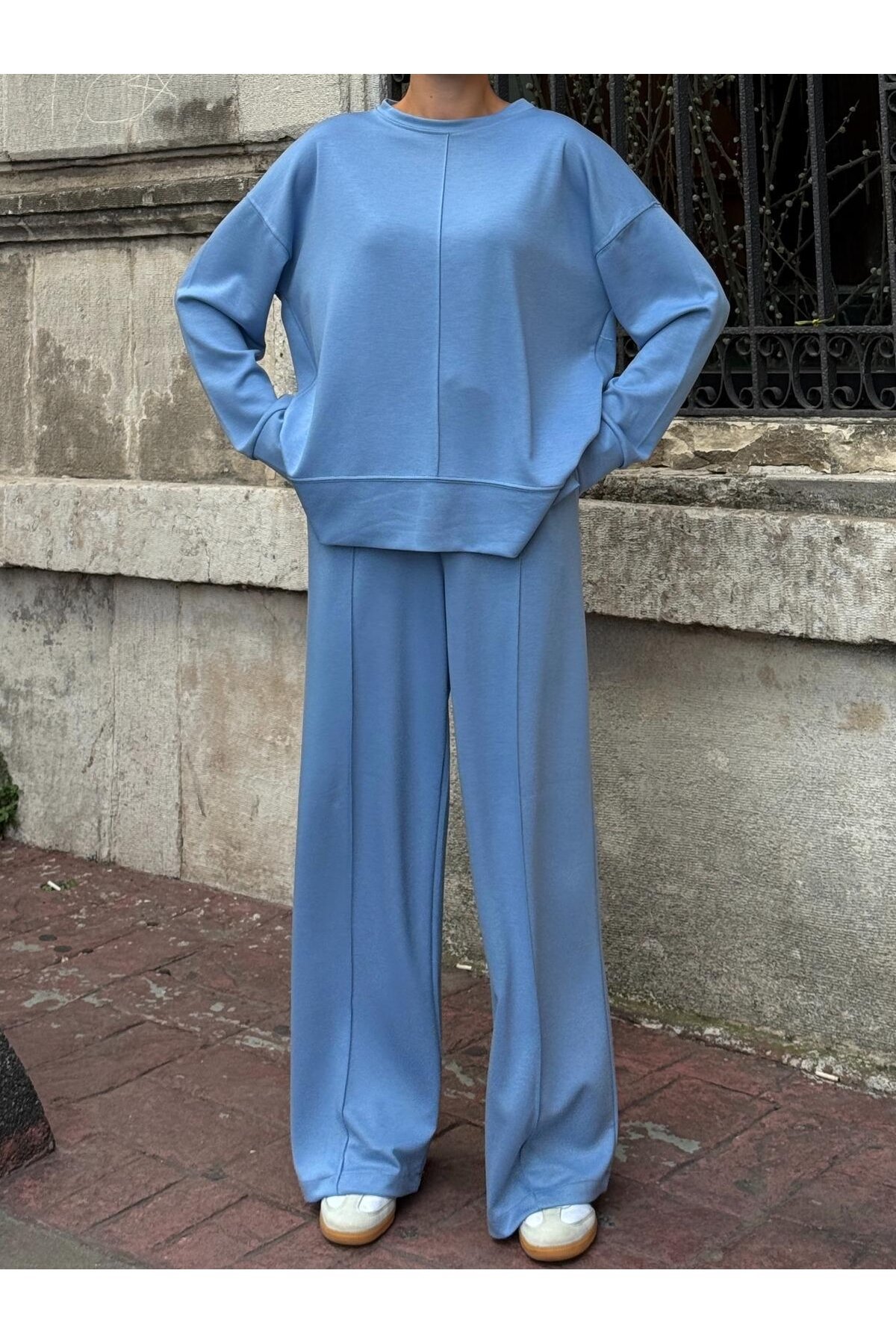 Modal Kumaş Mavi Oversize Sweat İkili Takım