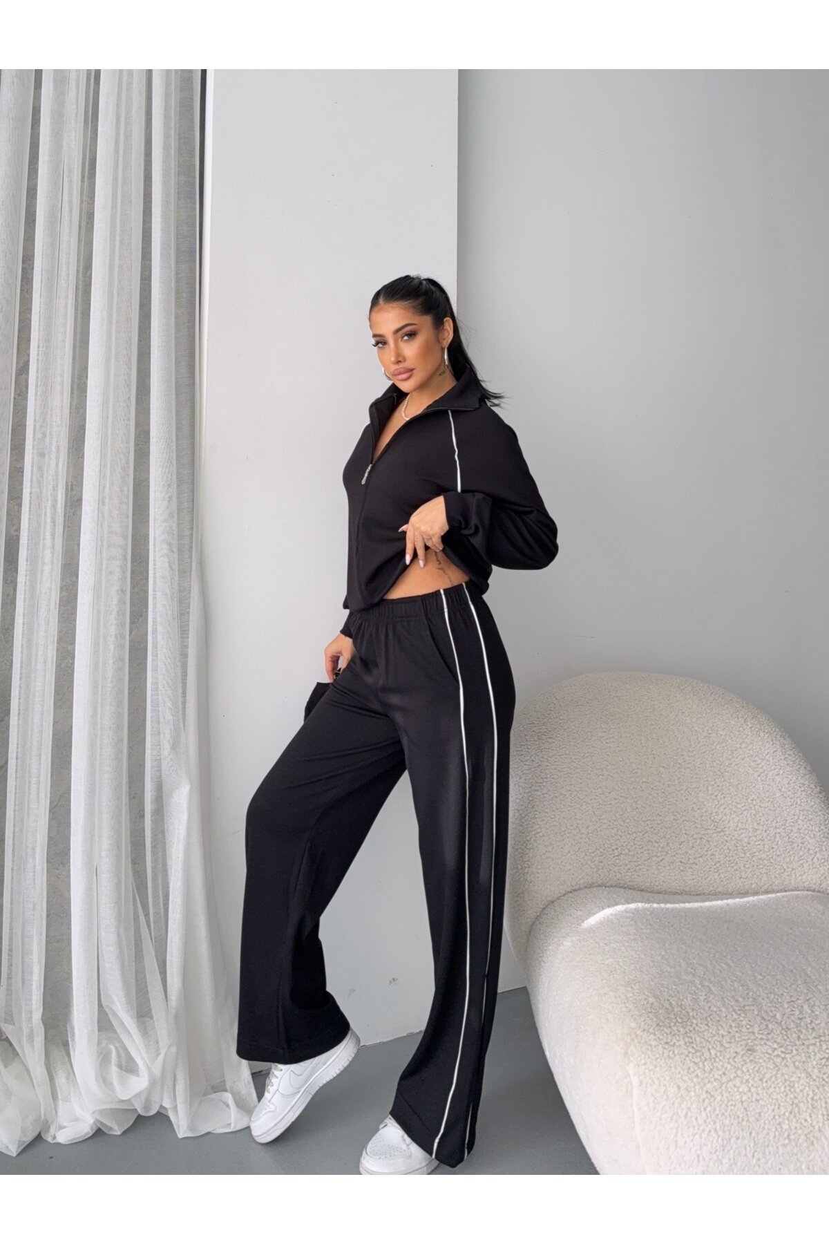 Modal Kumaş Şerit Detaylı Takım Siyah
