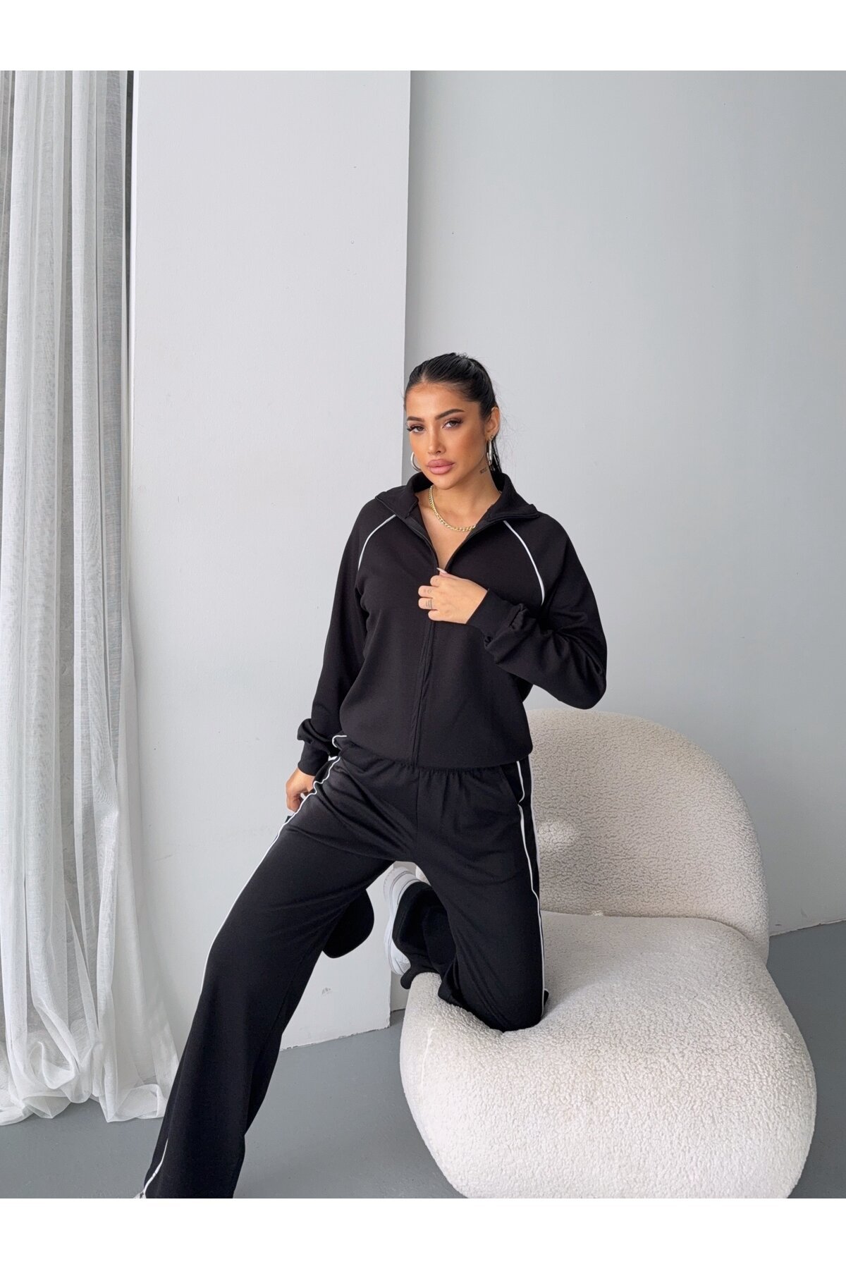 Modal Kumaş Şerit Detaylı Takım Siyah