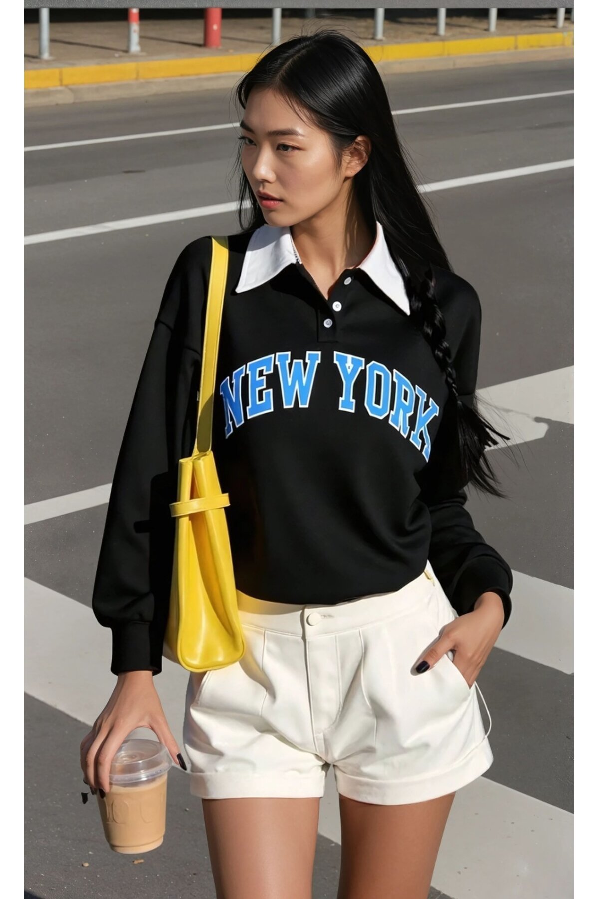 New York Baskılı Polo Yaka Siyah Sweatshirt