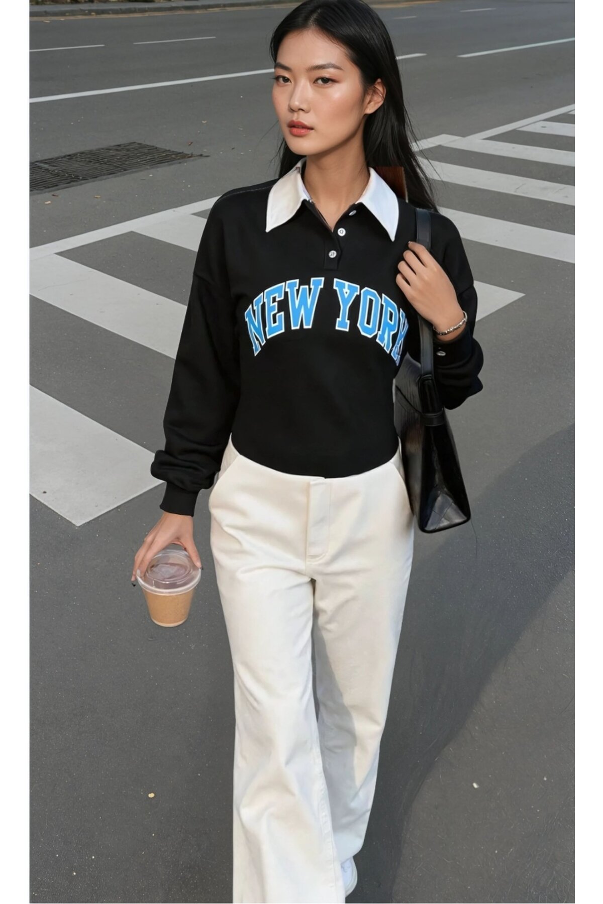 New York Baskılı Polo Yaka Siyah Sweatshirt