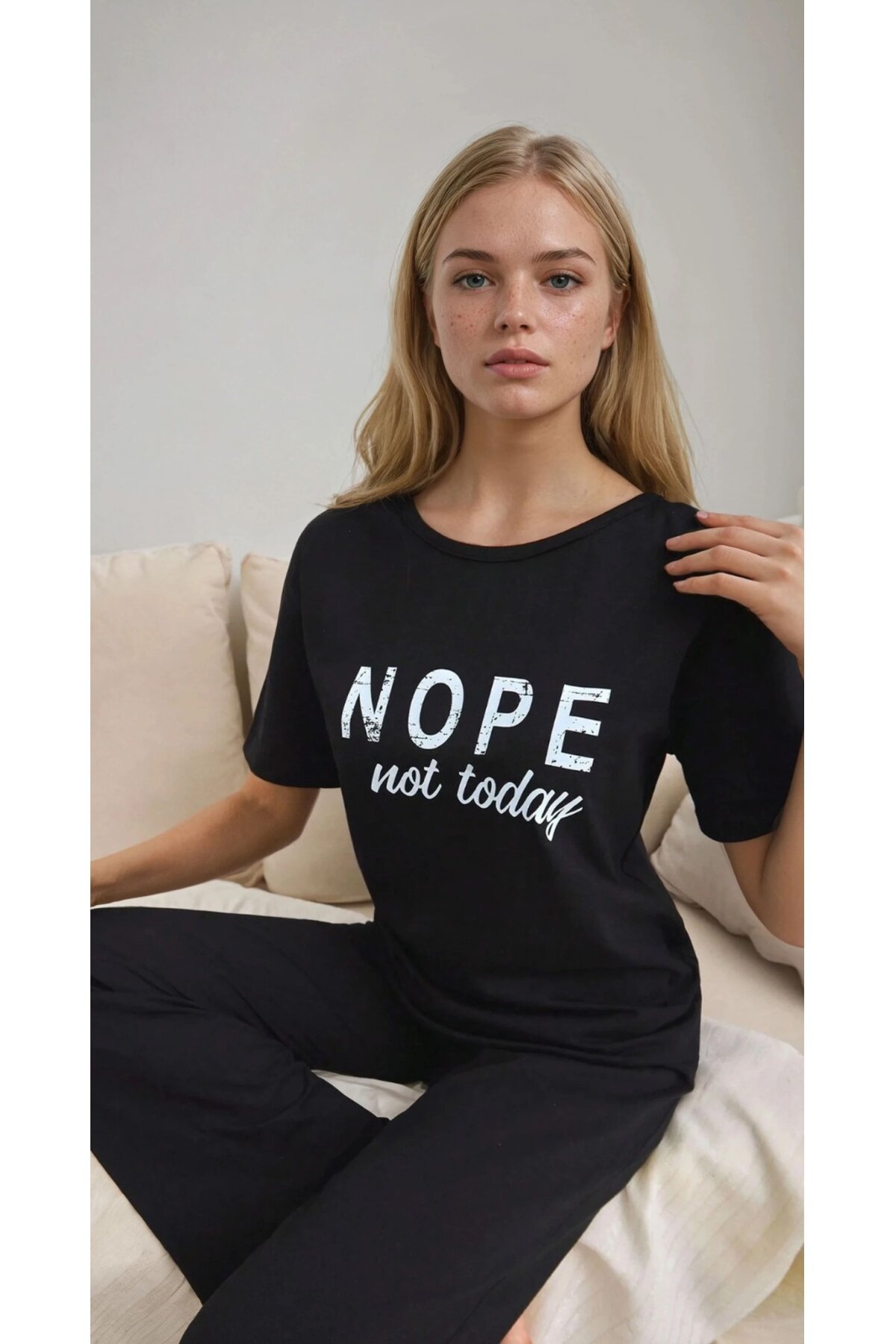 Nope Not Today Baskılı Kısa Kol Siyah Pijama Takımı