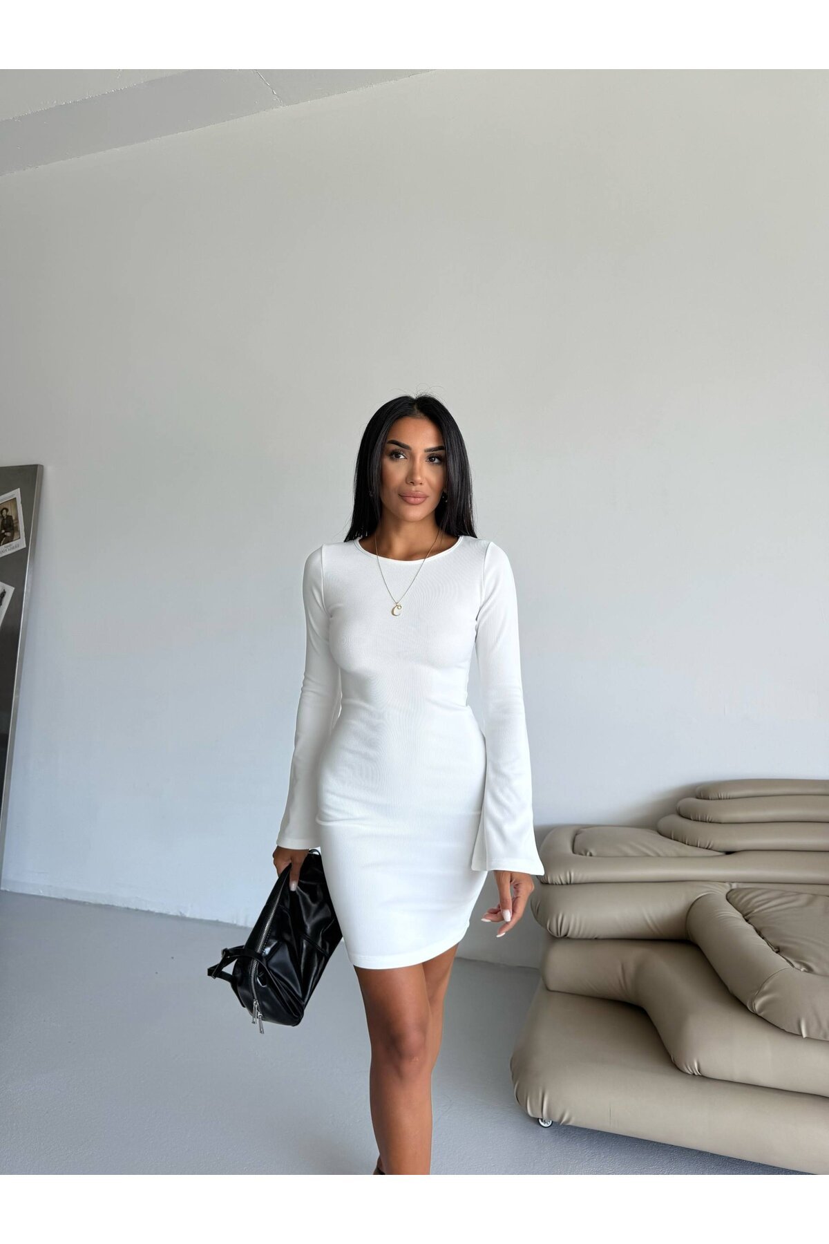 Ottoman Kumaş Kol Detay Beyaz Elbise