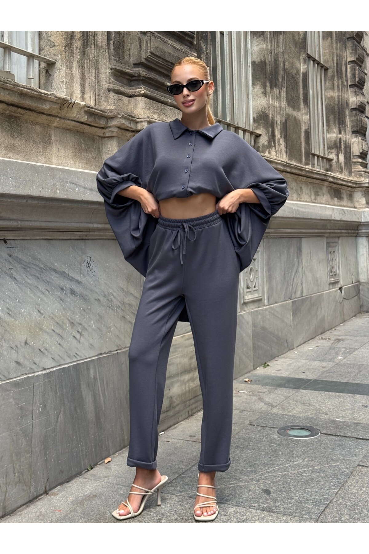 Oversize Gömlek Pantalon Gri Takım