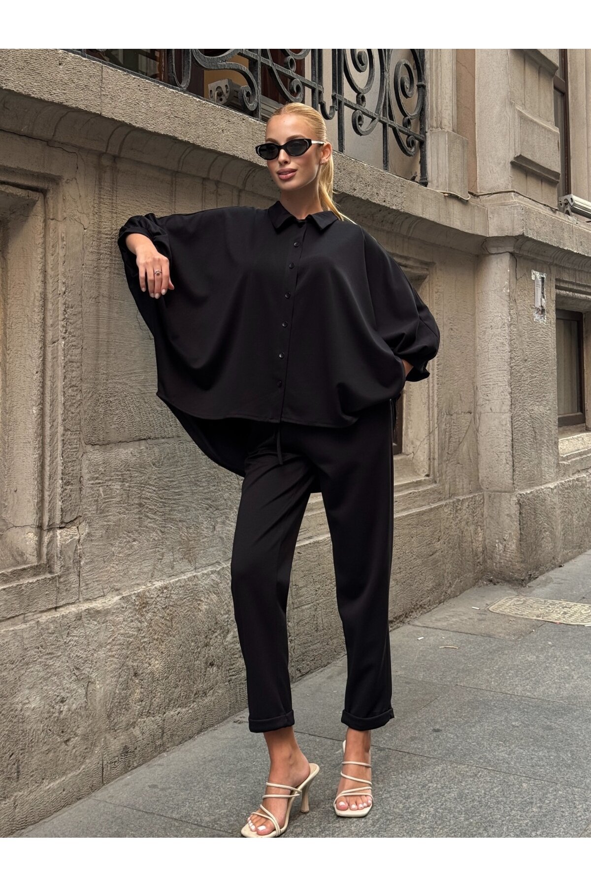 Oversize Gömlek Pantalon Siyah Takım