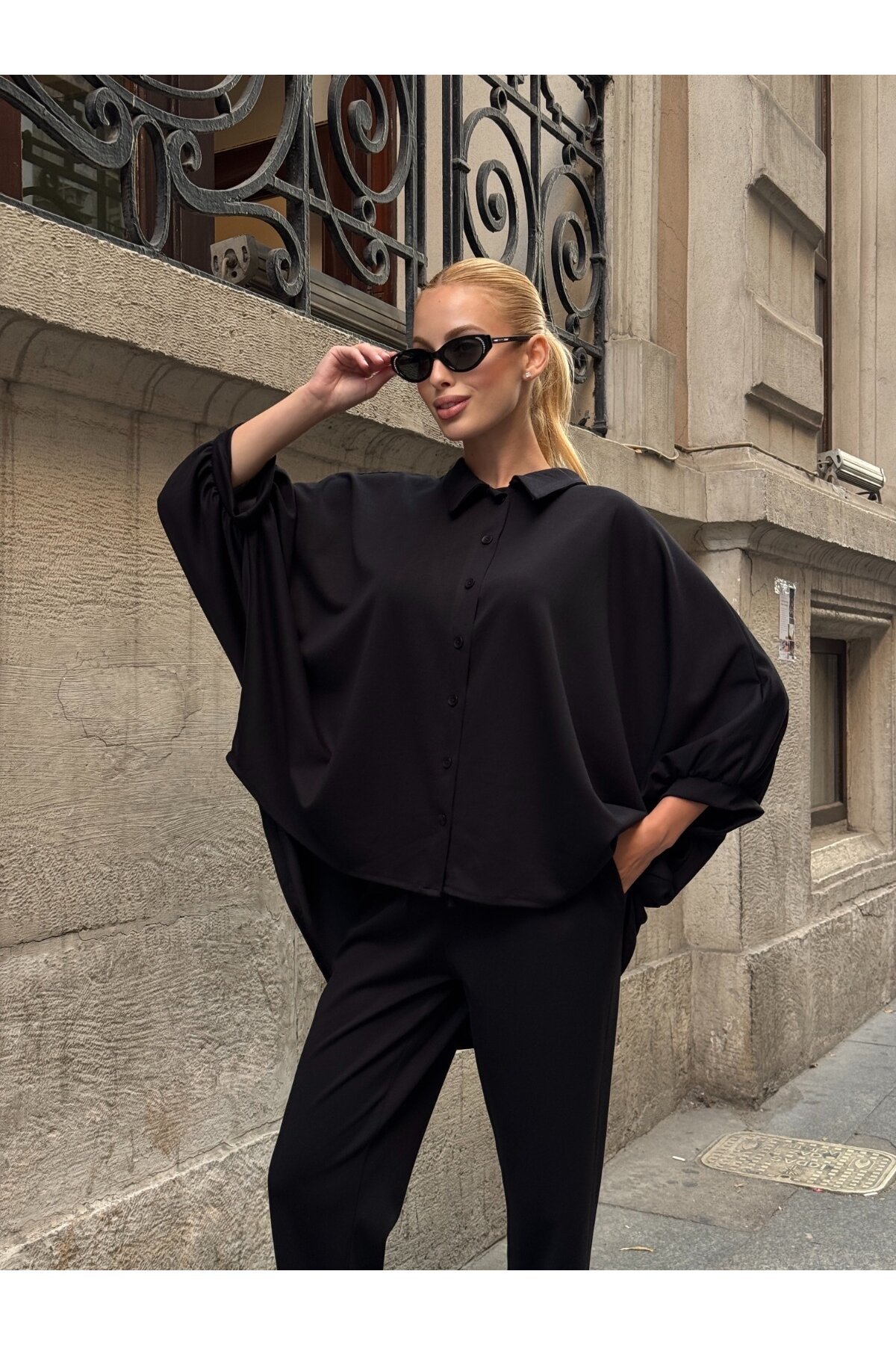 Oversize Gömlek Pantalon Siyah Takım