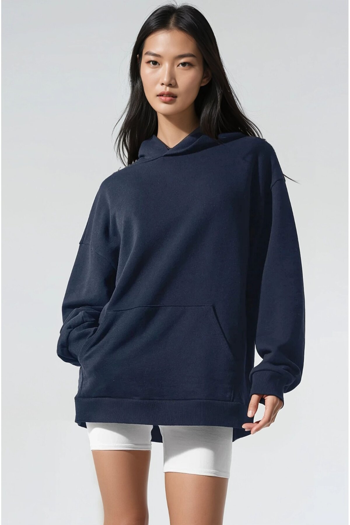 Oversize Lacivert Kapüşonlu Modal Kumaş Sweatshirt