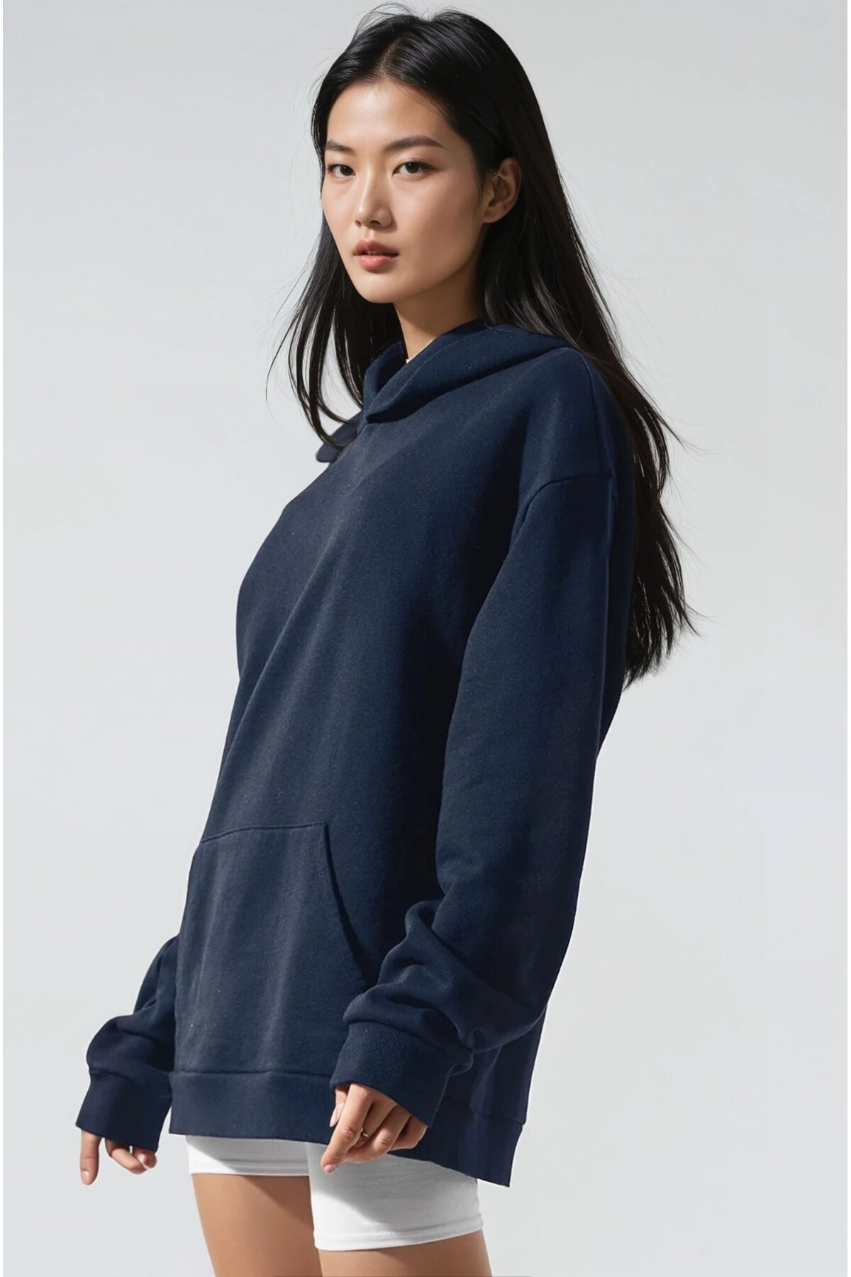 Oversize Lacivert Kapüşonlu Modal Kumaş Sweatshirt