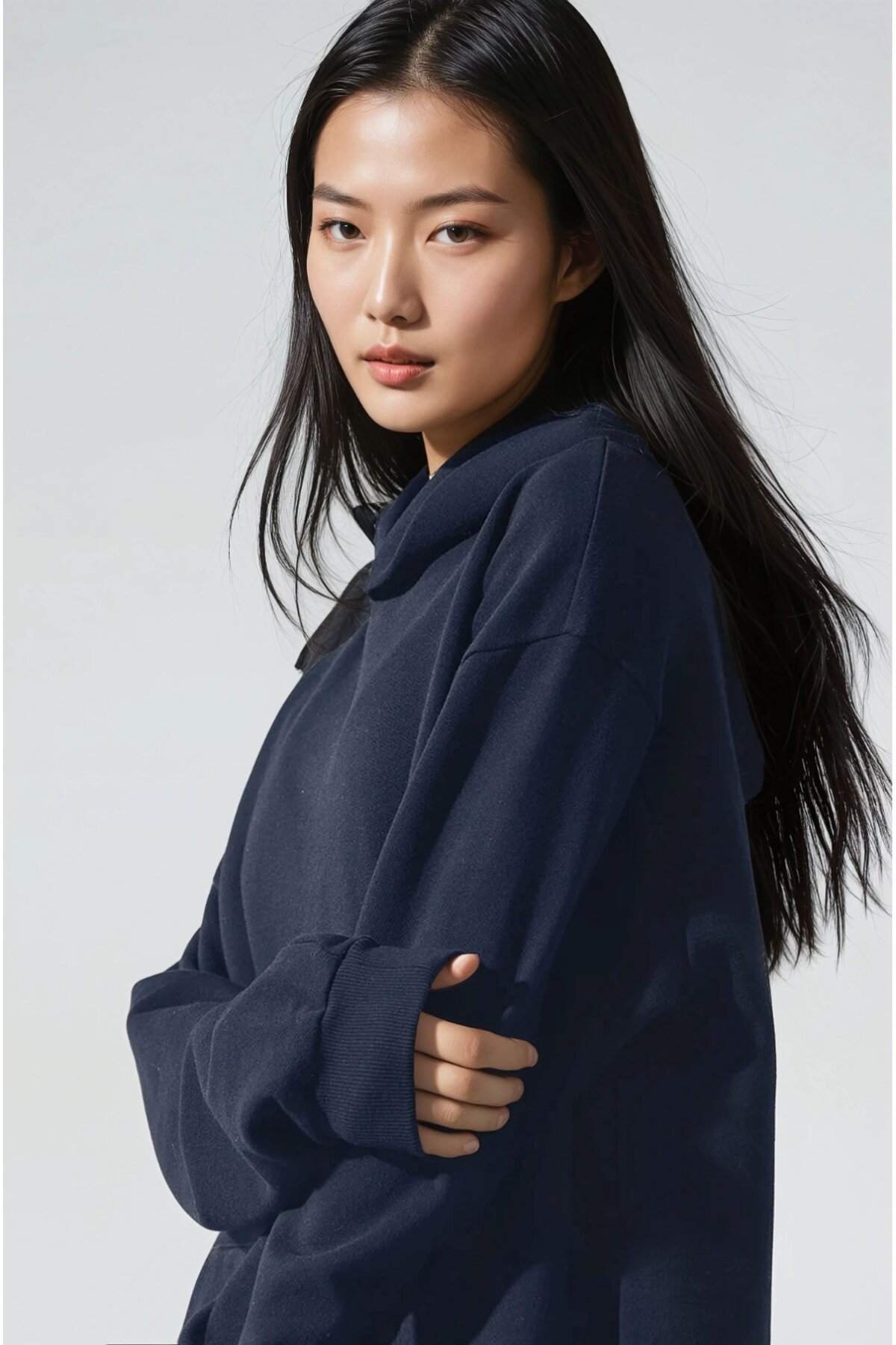 Oversize Lacivert Kapüşonlu Modal Kumaş Sweatshirt