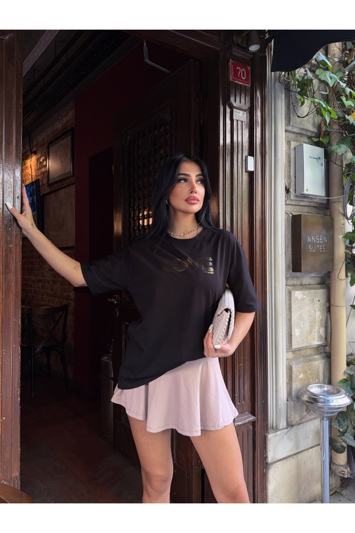 Oversize Love Baskılı Siyah T-Shirt