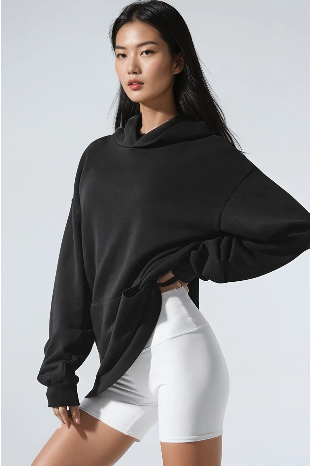 Oversize Siyah Kapüşonlu Modal Kumaş Sweatshirt