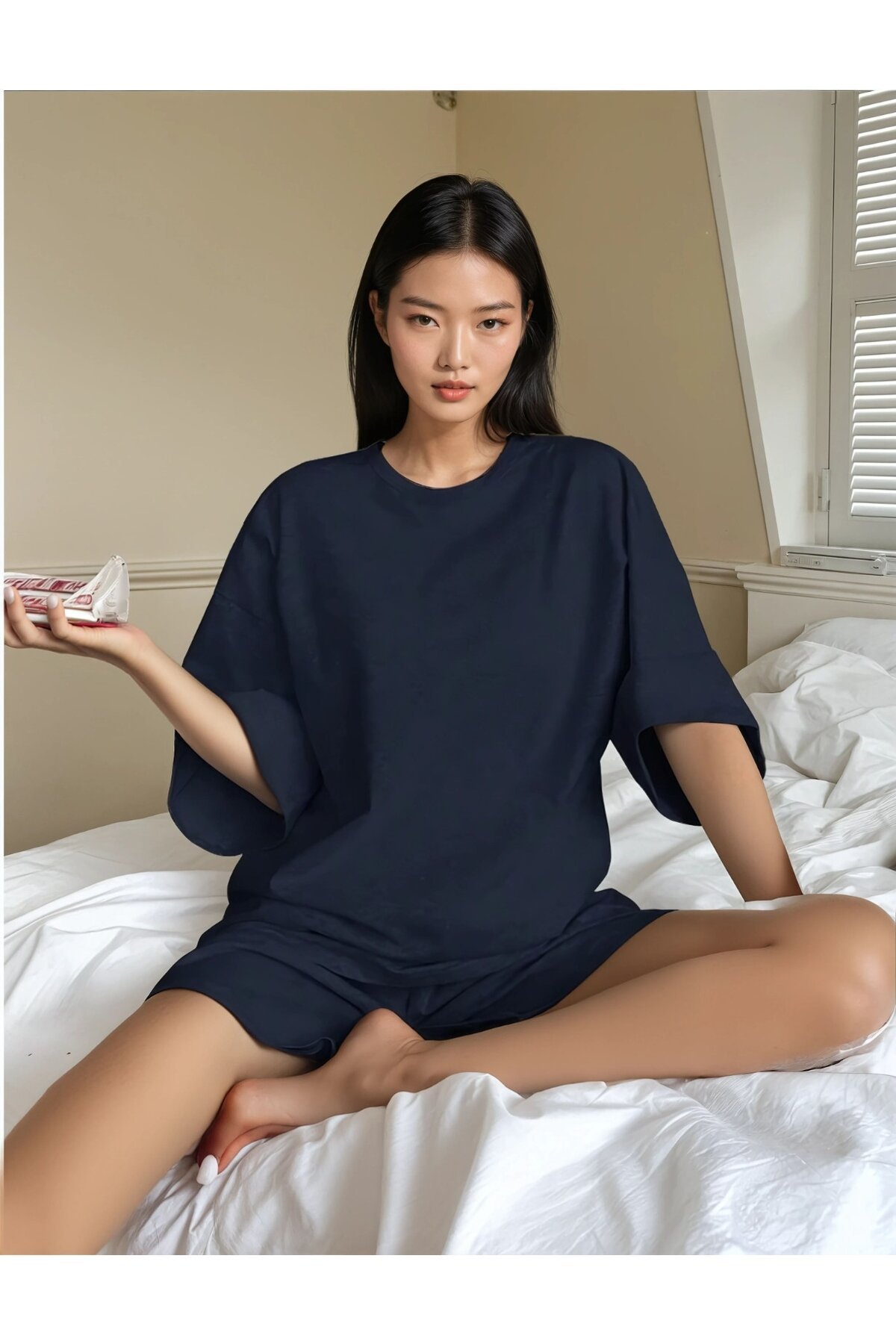 Oversize Süprem Kumaş Kısa Kol Şortlu Pijama Takımı